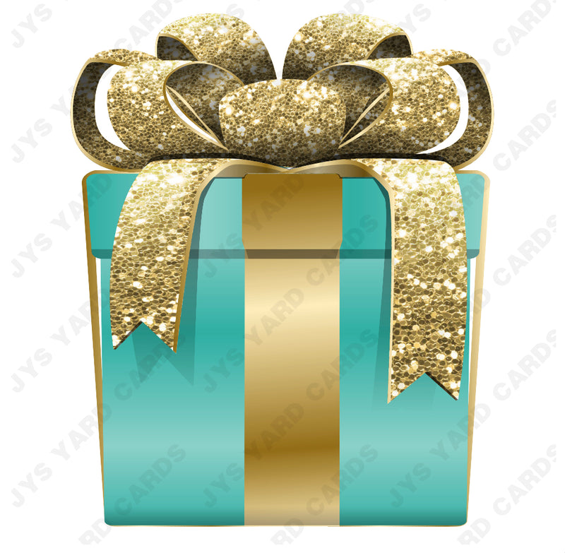 PRESENT: TEAL w/ GOLD BOW - Yard Card Signs by JYS International