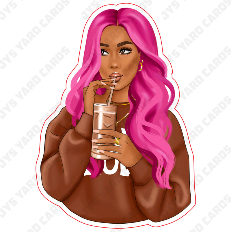 PINK HAIR GIRL WITH HOODIE: BROWN - Yard Card Signs by JYS International