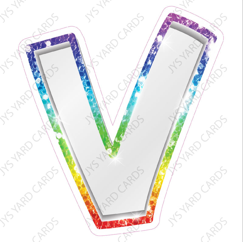 Single Letters: 12” Bouncy Metallic White With Rainbow - Yard Card Signs by JYS International