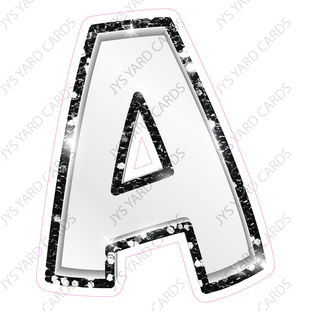 Single Letters: 18” Bouncy Metallic White With Black - Yard Card Signs by JYS International