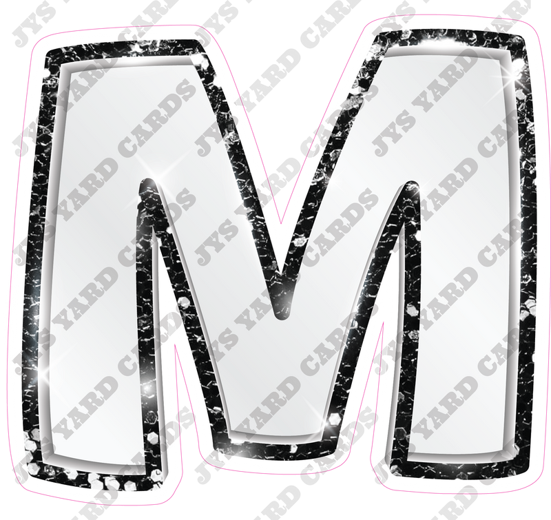 Single Letters: 18” Bouncy Metallic White With Black - Yard Card Signs by JYS International