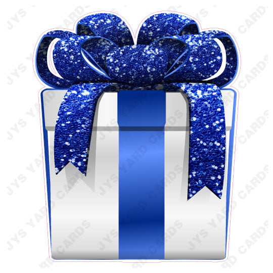 PRESENT: WHITE w/ DARK BLUE BOW - Yard Card Signs by JYS International