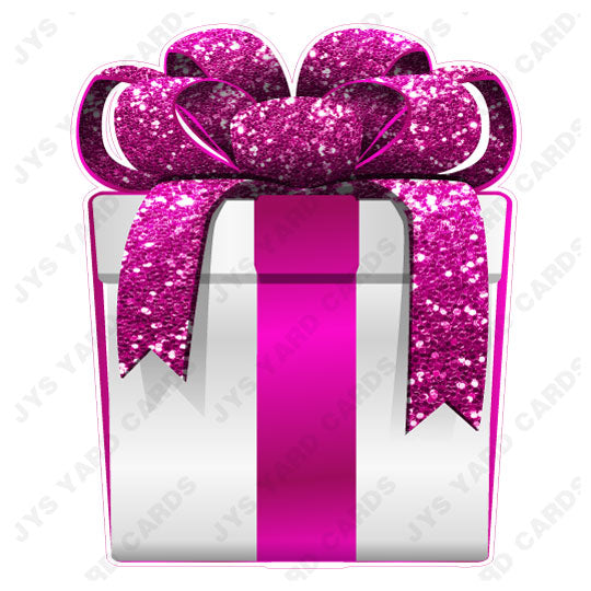 PRESENT: WHITE w/ HOT PINK BOW - Yard Card Signs by JYS International