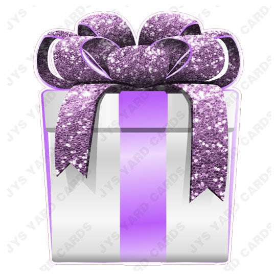 PRESENT: WHITE w/ LIGHT PURPLE BOW - Yard Card Signs by JYS International