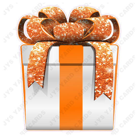 PRESENT: WHITE w/ ORANGE BOW - Yard Card Signs by JYS International