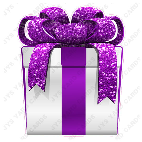 PRESENT: WHITE w/ PURPLE BOW - Yard Card Signs by JYS International