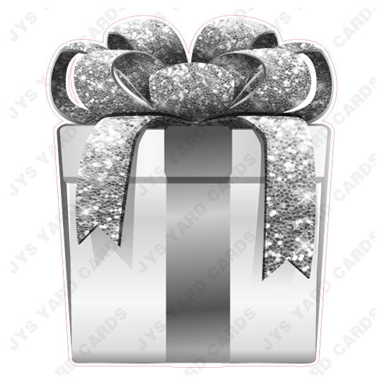 PRESENT: WHITE w/ SILVER BOW - Yard Card Signs by JYS International