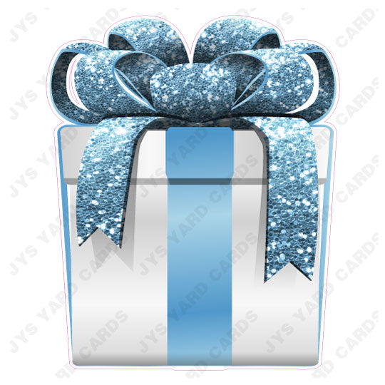 PRESENT: WHITE w/ LIGHT BLUE BOW - Yard Card Signs by JYS International