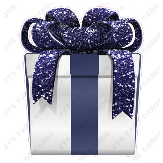 PRESENT: WHITE w/ NAVY BOW - Yard Card Signs by JYS International