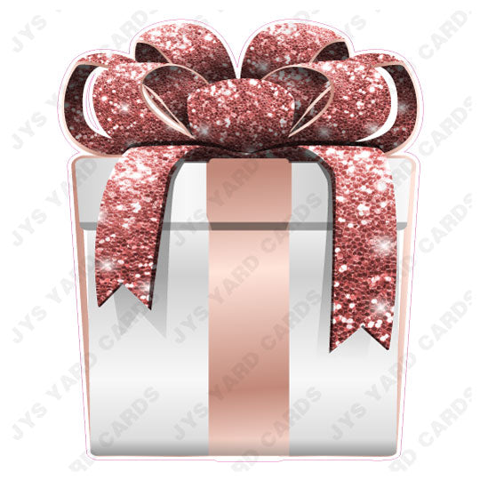 PRESENT: WHITE w/ ROSE GOLD BOW - Yard Card Signs by JYS International