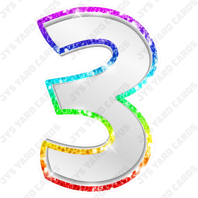 Single Numbers: 23” Bouncy Metallic White With Rainbow Trim - Yard Card Signs by JYS International