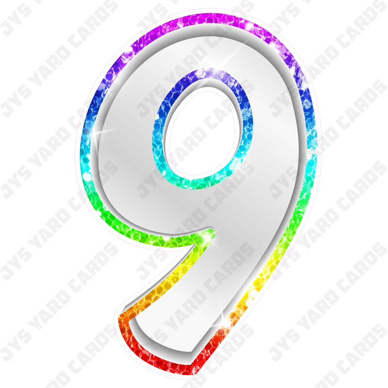 Single Numbers: 23” Bouncy Metallic White With Rainbow Trim - Yard Card Signs by JYS International