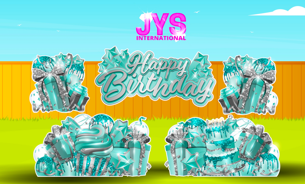 JAZZY HBD ALL-N-1: TEAL & SILVER - Yard Card Signs by JYS International