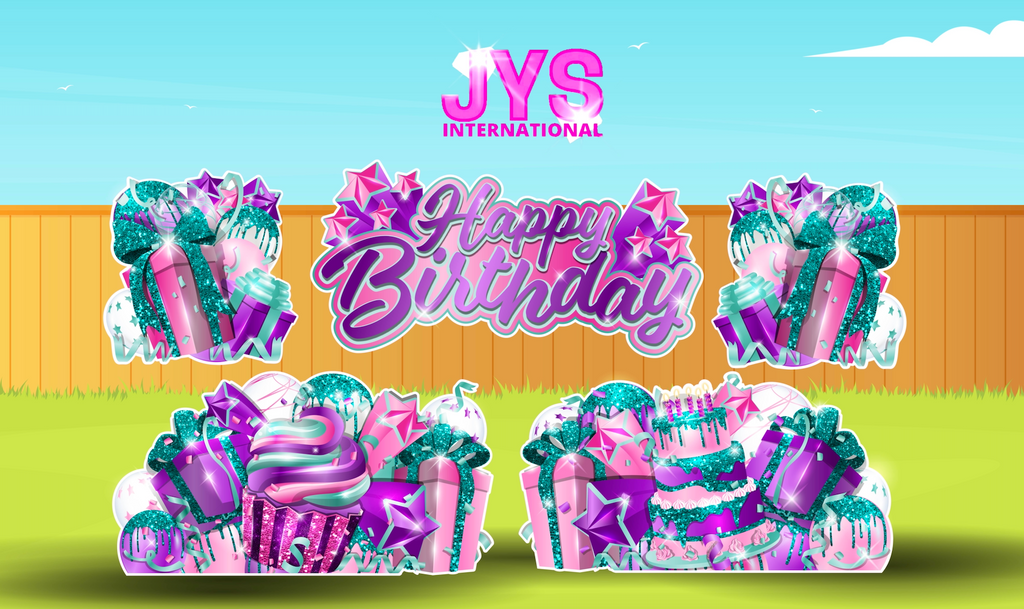 JAZZY HBD ALL-N-1: PINK, TEAL, PURPLE - Yard Card Signs by JYS International