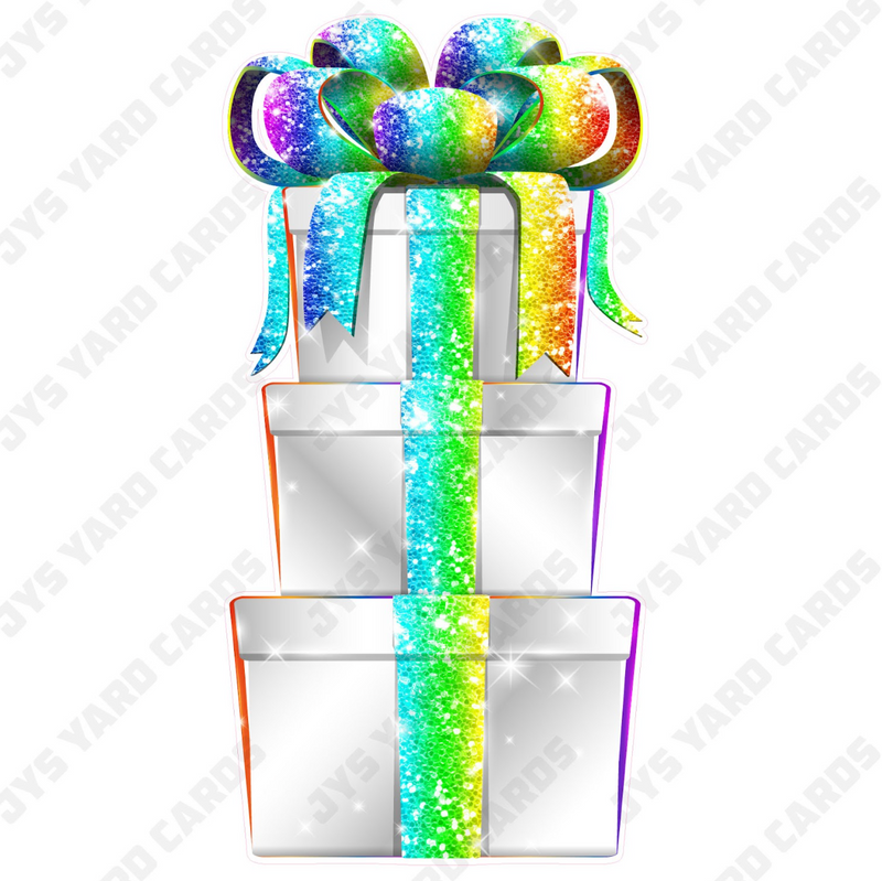 JAZZY GIFT BOX: WHITE & RAINBOW - Yard Card Signs by JYS International