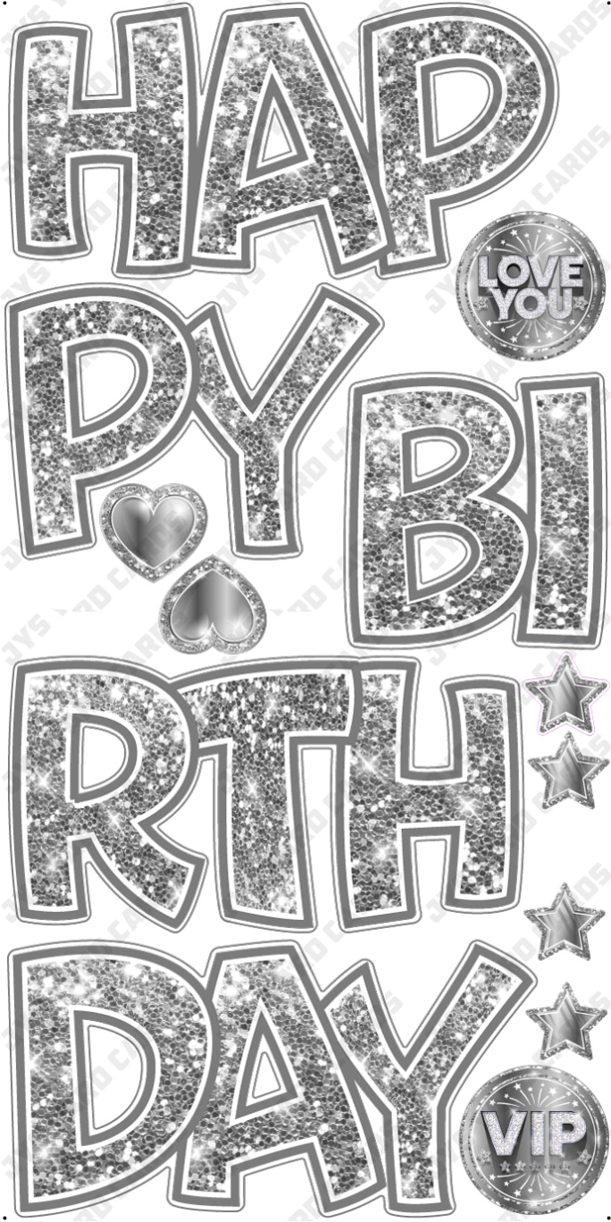 HAPPY BIRTHDAY 5 PC EZ SET: SILVER GLITTER - Yard Card Signs by JYS International