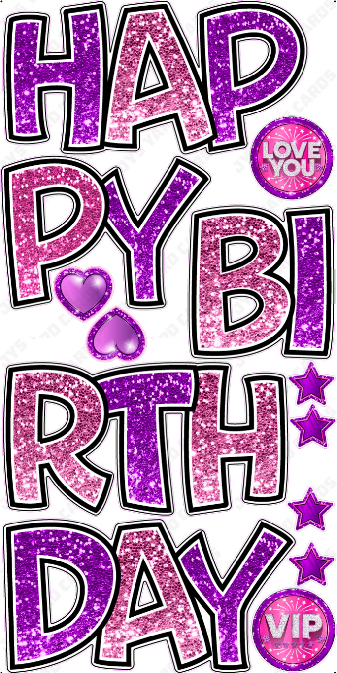 HAPPY BIRTHDAY 5 PC EZ SET: PURPLE & PINK GLITTER - Yard Card Signs by JYS International