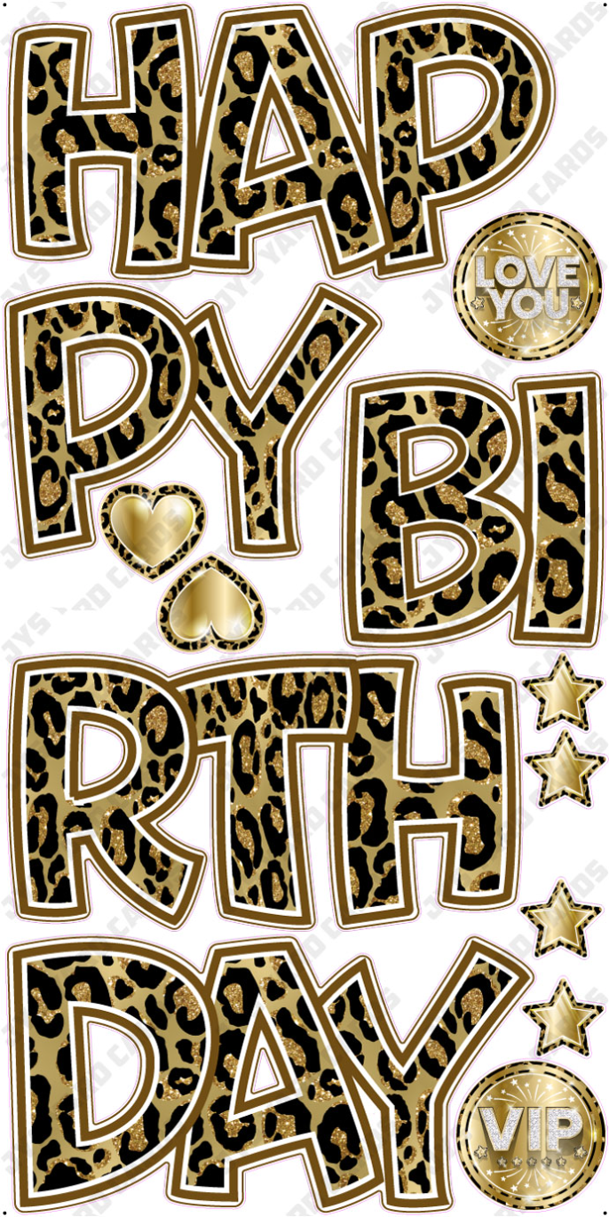 HAPPY BIRTHDAY 5 PC EZ SET: LEOPARD W/ GLITTER ACCENTS + GOLD - Yard Card Signs by JYS International