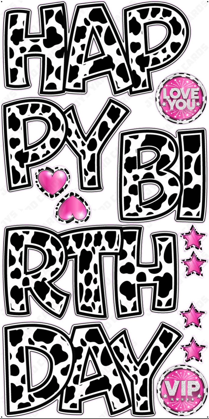 HAPPY BIRTHDAY 5 PC EZ SET: COW PRINT w/ PINK ACCENTS - Yard Card Signs by JYS International