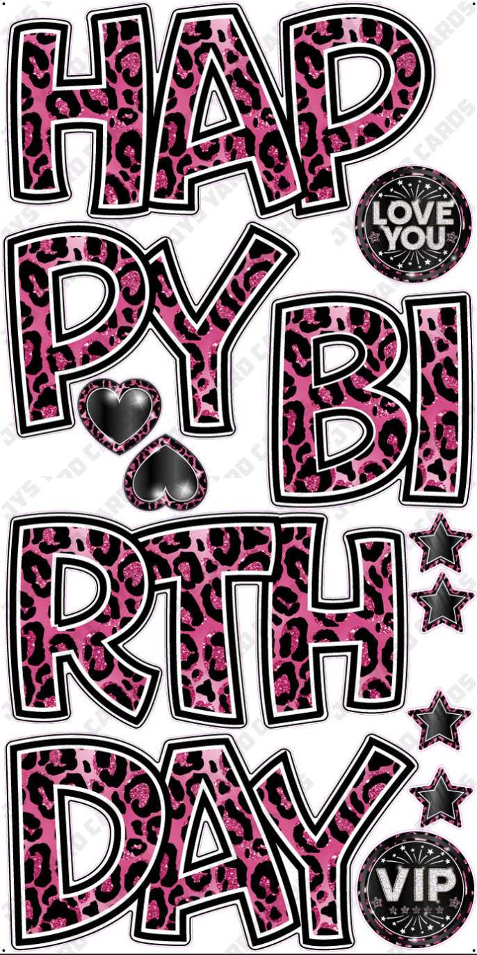 HAPPY BIRTHDAY 5 PC EZ SET: PINK LEOPARD W/ GLITTER ACCENTS - Yard Card Signs by JYS International