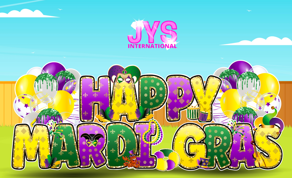 HAPPY MARDI GRAS THEMED EZ SET w/ GLITTER TRIM - Yard Card Signs by JYS International