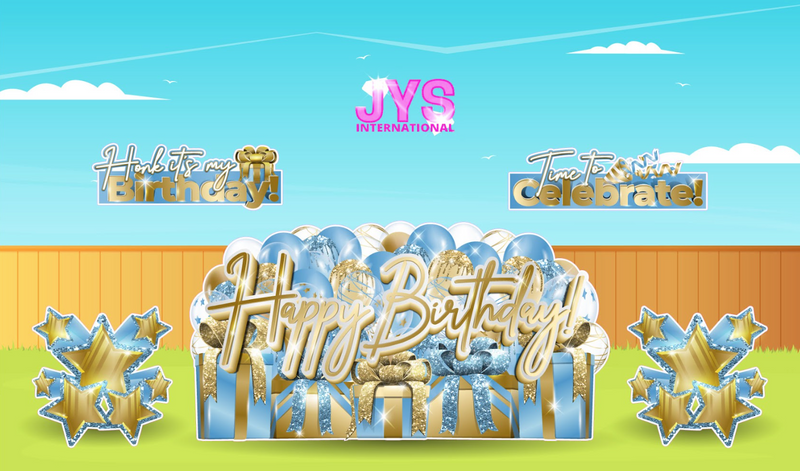 JAZZY HBD OVERLOAD: LIGHT BLUE & GOLD (EZ FOLD) - Yard Card Signs by JYS International