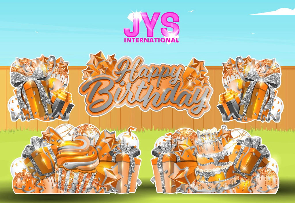 JAZZY HBD ALL-N-1: SILVER & ORANGE - Yard Card Signs by JYS International