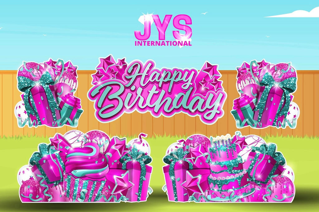 JAZZY HBD ALL-N-1: HOT PINK & TEAL - Yard Card Signs by JYS International