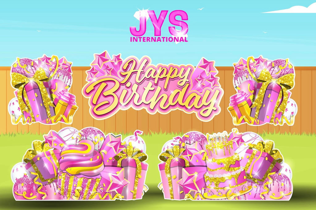 JAZZY HBD ALL-N-1: PINK & YELLOW - Yard Card Signs by JYS International