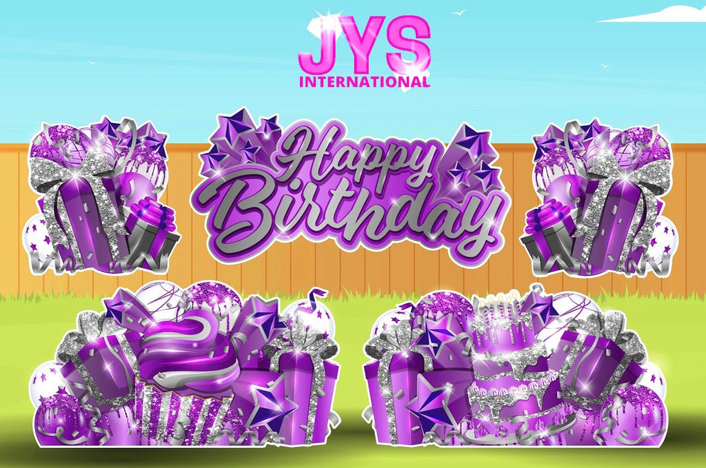 JAZZY HBD ALL-N-1: SILVER & PURPLE - Yard Card Signs by JYS International