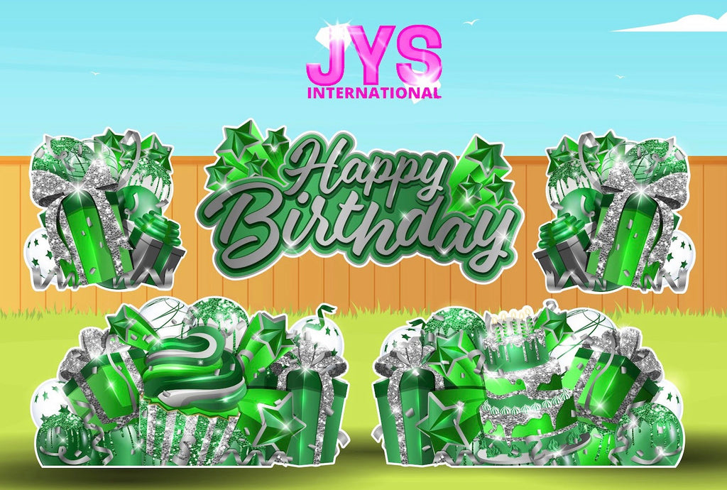 JAZZY HBD ALL-N-1: SILVER & GREEN - Yard Card Signs by JYS International