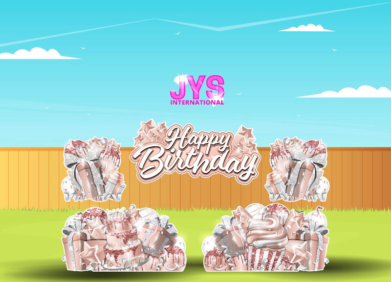 JAZZY HBD ALL-N-1: Rose Gold & White - Yard Card Signs by JYS International