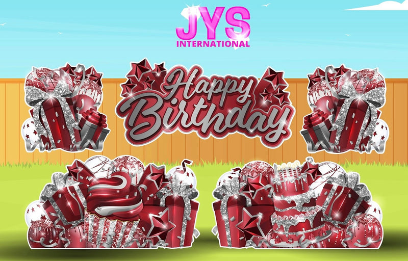 JAZZY HBD ALL-N-1: SILVER & BURGUNDY - Yard Card Signs by JYS International