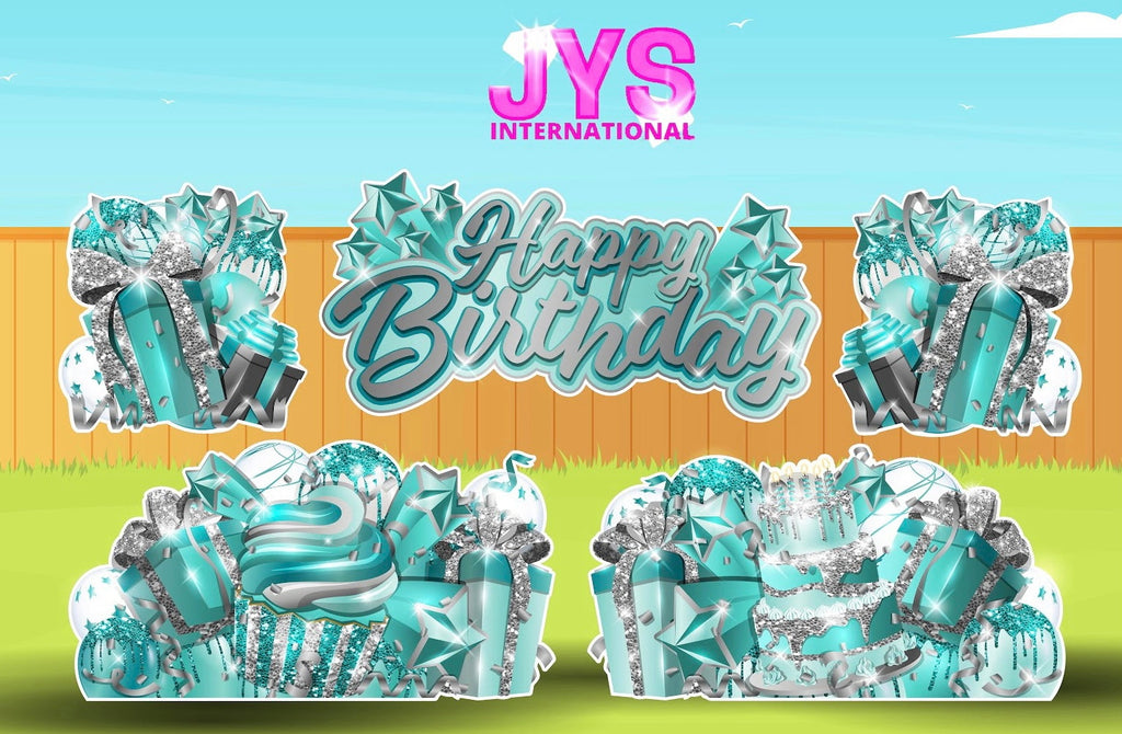 JAZZY HBD ALL-N-1: SILVER & TEAL - Yard Card Signs by JYS International