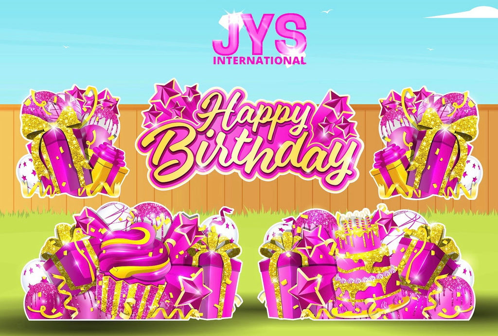 JAZZY HBD ALL-N-1: HOT PINK & YELLOW - Yard Card Signs by JYS International