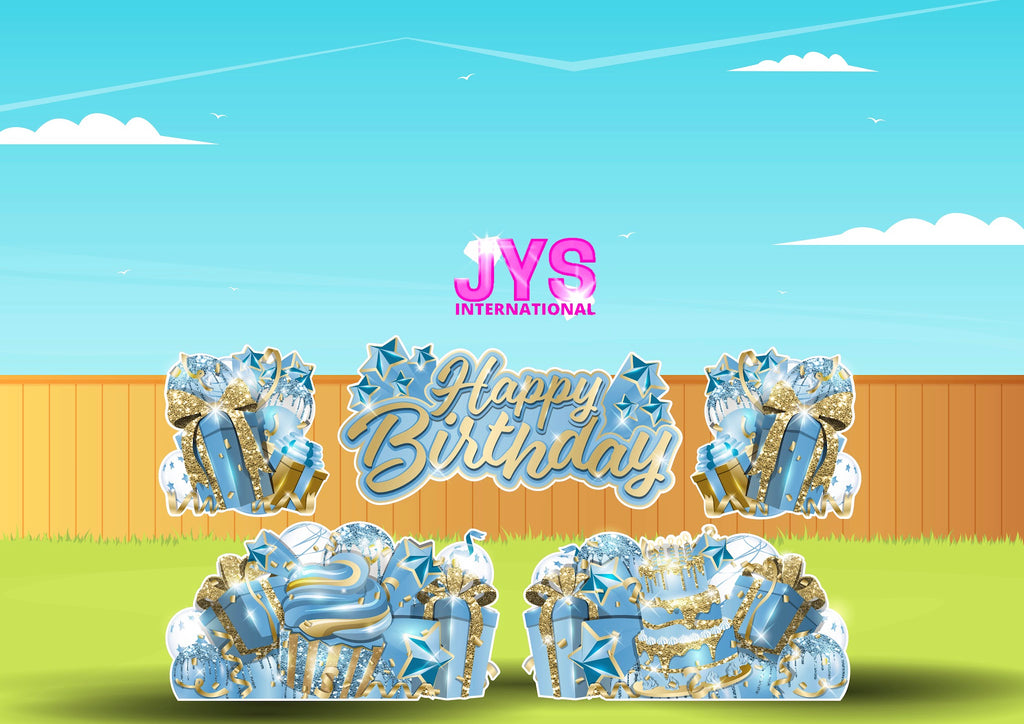 JAZZY HBD ALL-N-1: GOLD & LIGHT BLUE - Yard Card Signs by JYS International