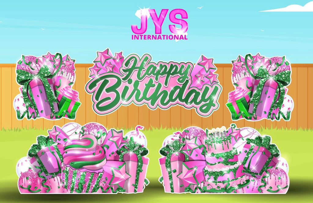 JAZZY HBD ALL-N-1: PINK & GREEN - Yard Card Signs by JYS International