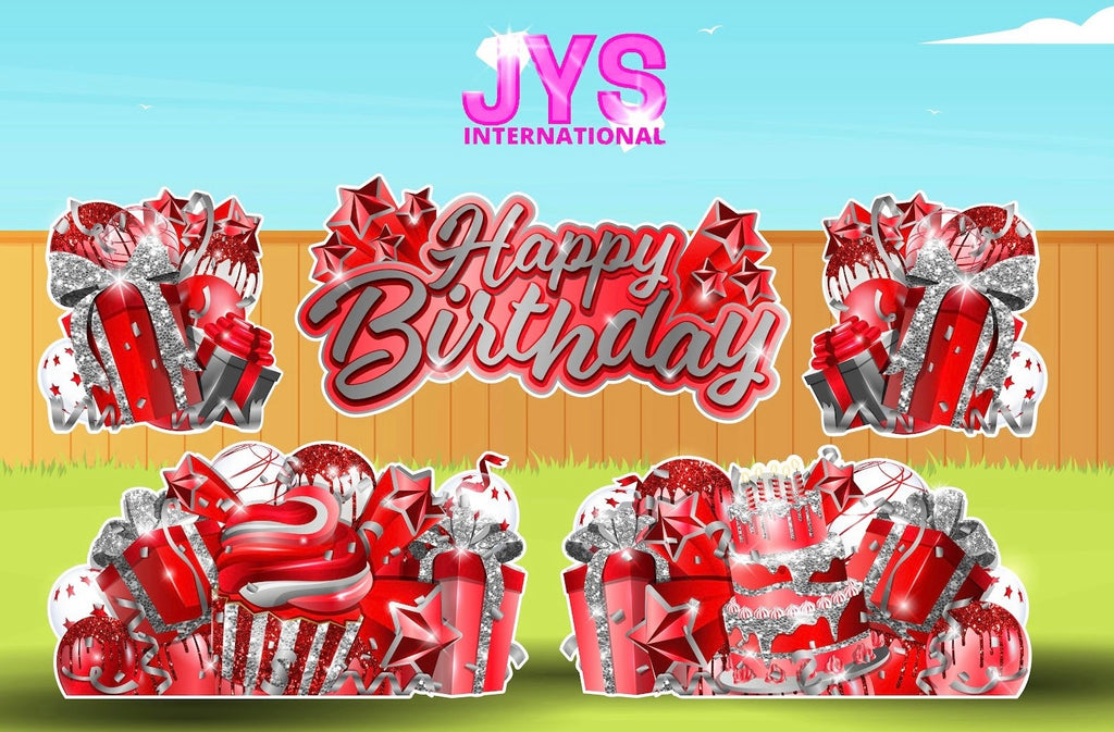 JAZZY HBD ALL-N-1: SILVER & RED - Yard Card Signs by JYS International