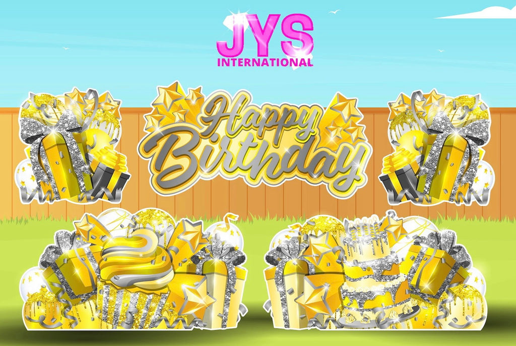 JAZZY HBD ALL-N-1: SILVER & YELLOW - Yard Card Signs by JYS International