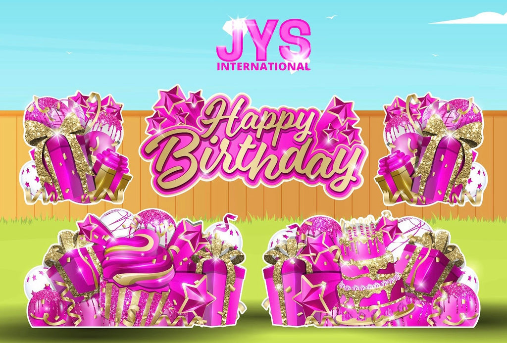 JAZZY HBD ALL-N-1: HOT PINK & GOLD - Yard Card Signs by JYS International