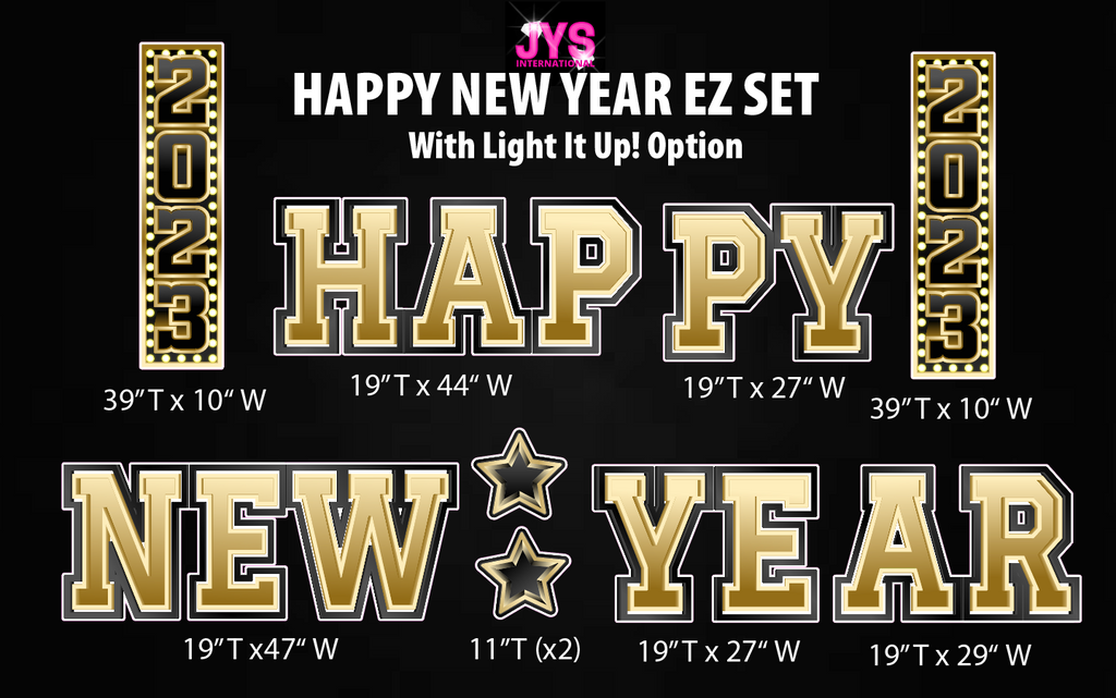 HAPPY NEW YEAR EZ SET (With Light It Up Option): Black & Gold - Yard Card Signs by JYS International