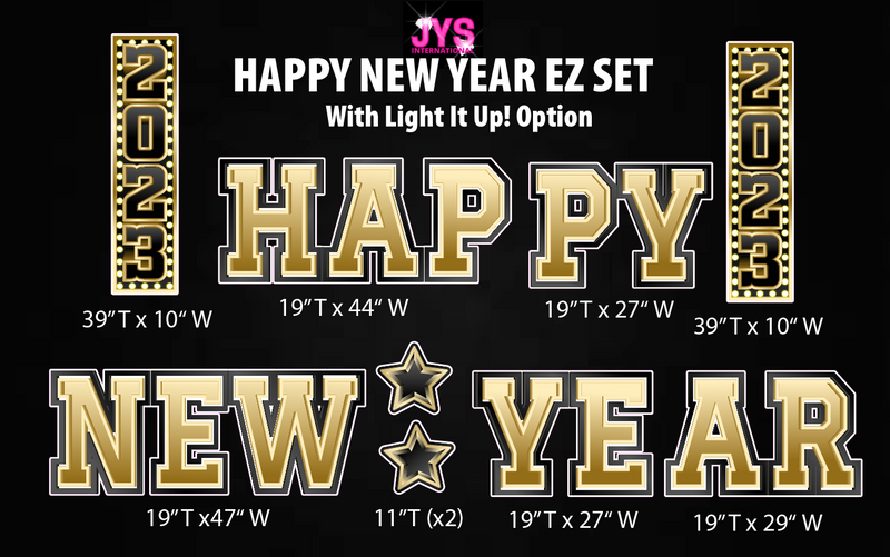 HAPPY NEW YEAR EZ SET (With Light It Up Option): Black & Gold - Yard Card Signs by JYS International