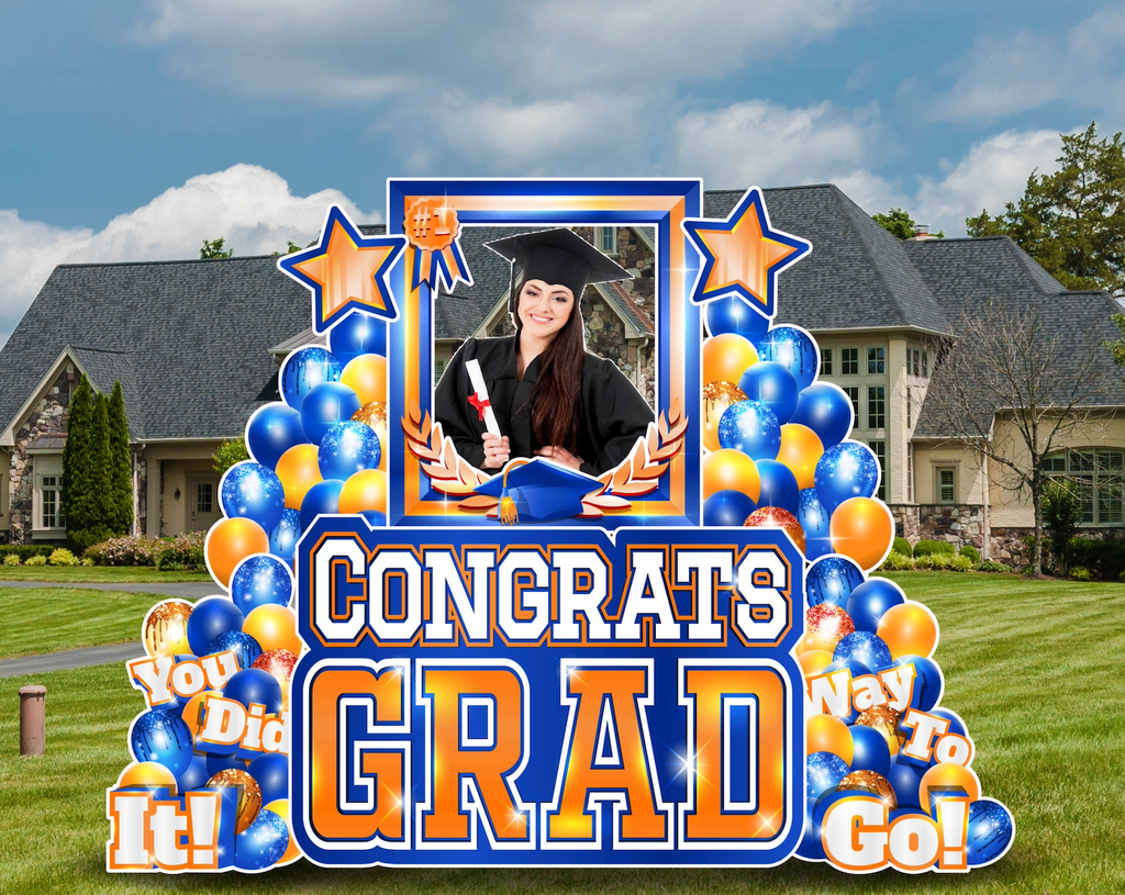 CONGRATS GRAD PHOTO OP SET: BLUE & ORANGE - Yard Card Signs by JYS International