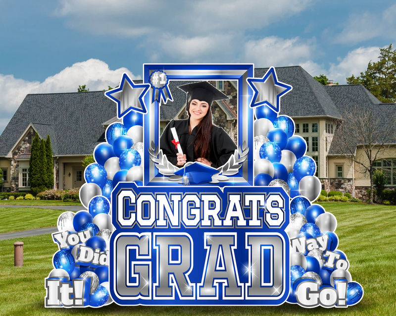 CONGRATS GRAD PHOTO OP SET: BLUE & SILVER - Yard Card Signs by JYS International