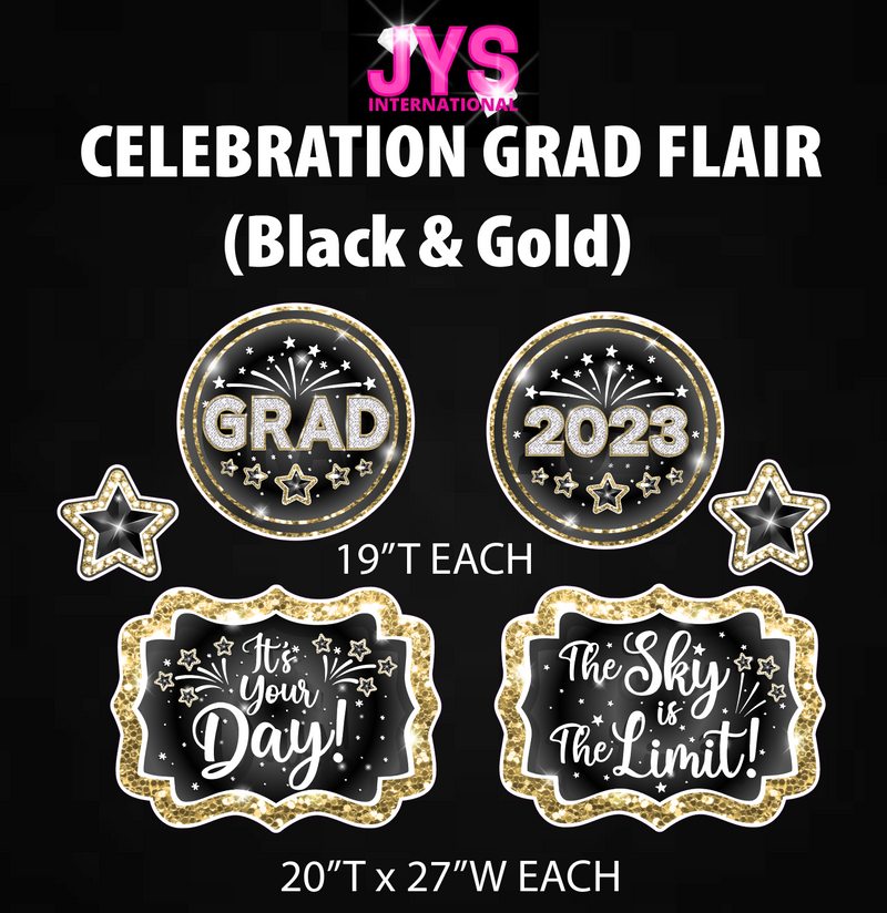 CELEBRATION GRAD FLAIR: BLACK & GOLD (HALF SHEET) - Yard Card Signs by JYS International