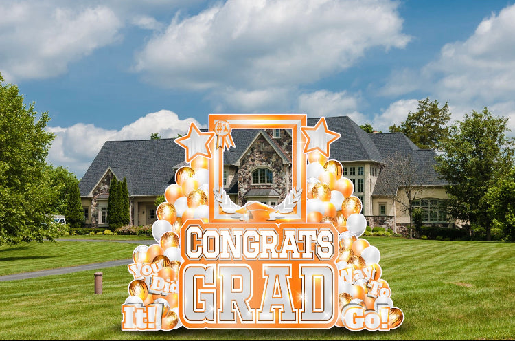 CONGRATS GRAD PHOTO OP SET: WHITE & ORANGE - Yard Card Signs by JYS International