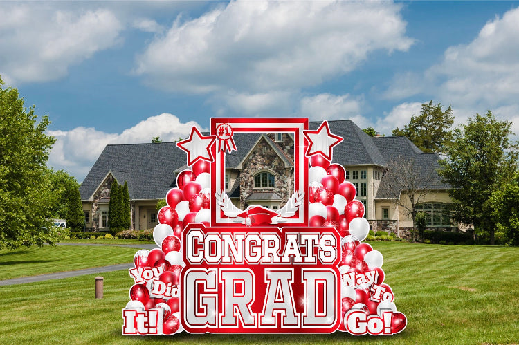 CONGRATS GRAD PHOTO OP SET: WHITE & RED - Yard Card Signs by JYS International