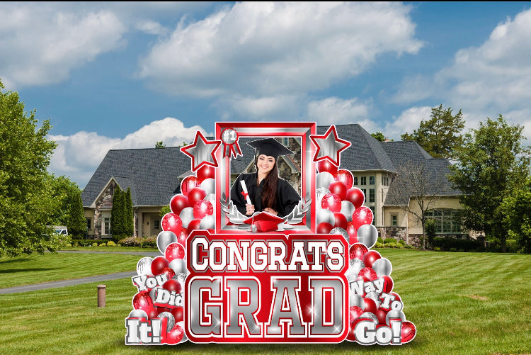 CONGRATS GRAD PHOTO OP SET: SILVER & RED - Yard Card Signs by JYS International