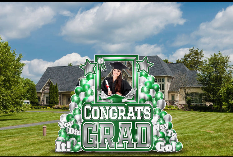 CONGRATS GRAD PHOTO OP SET: SILVER & GREEN - Yard Card Signs by JYS International