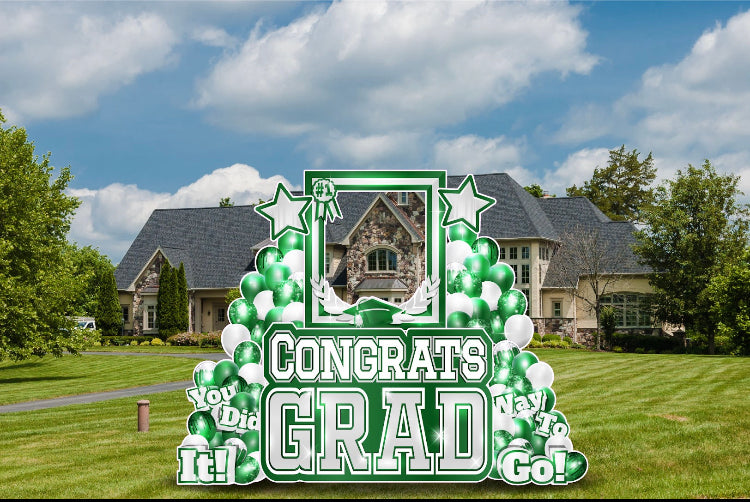 CONGRATS GRAD PHOTO OP SET: WHITE & GREEN - Yard Card Signs by JYS International